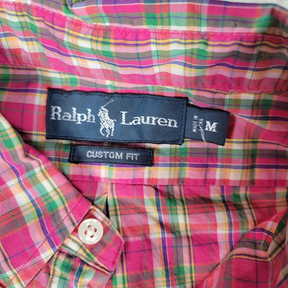 Ralph Lauren Mens Custom Fit Plaid Button Down Shirt Pink Green Cotton Medium - Picture 7 of 16